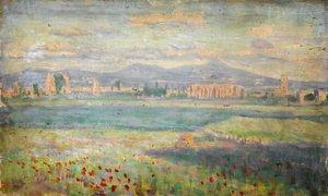 Paesaggio mediterraneo con papaveri in primo piano e città murata sullo sfondo