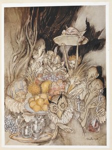 ATTO III: Scena III, linea 19 Entra diverse forme strane, portando un banchetto... invitando il Re, ecc, a mangiare da Arthur Rackham
