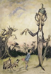Un gigante con un bambino e due corvi, illustrazione da Il libro di Betty Barber di Maggie Brown, pub.1910