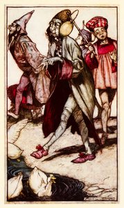 Un gentiluomo di Laputa che fa una passeggiata dalla Parte III: Un viaggio a Laputa ecc. nei Viaggi di Gulliver di Jonathan Swift da Arthur Rackham