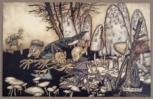 Un gruppo di operai che stavano segando un fungo corsero via lasciando i loro attrezzi dietro di loro, da Peter Pan nei Giardini di Kensington di J M Barrie (1860 - 1937), pub. 1906 da Arthur Rackham
