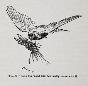 Un uccello che trasporta un fascio di ramoscelli da Arthur Rackham