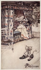 Una lezione di cortina vale tutte le prediche del mondo per insegnare le virtù della pazienza e della lunga sofferenza, da Rip Van Winkle di Washington Irving, pub. 1910 da Arthur Rackham