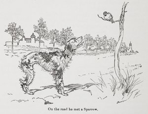 Un cane e un passero da Arthur Rackham