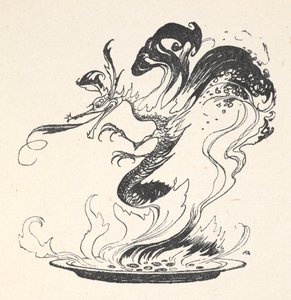 Un drago che emerge da un piatto di denaro in fiamme da Arthur Rackham