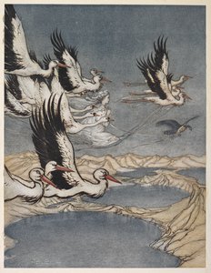 Un gruppo di uccelli che porta via la figlia del conte di Mar alla vigilia del suo matrimonio da Arthur Rackham