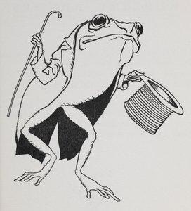 Una rana con cilindro e frac, che porta un bastone da Arthur Rackham