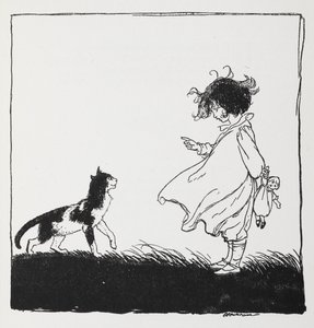 Una ragazza con una bambola che sgrida il suo gatto da Arthur Rackham