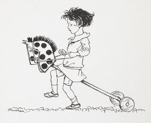 Una bambina su un cavallo a dondolo da Arthur Rackham