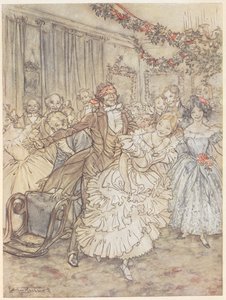 Una festa che gioca a mosca cieca. Un uomo con una benda sugli occhi insegue una donna in un vestito con volant da Arthur Rackham