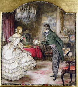 Un giovane che presenta un bouquet a una ragazza in un salotto da Arthur Rackham