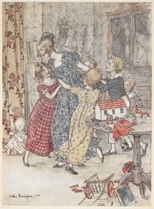 Una giovane donna e bambini che ballano intorno a una stanza piena di giocattoli da Arthur Rackham