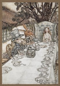 Alice al Tea Party del Cappellaio Matto con la Lepre Marzolina, il Ghiro e il Cappellaio Matto da Arthur Rackham