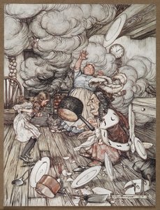 Alice in una cucina con la Duchessa, un cuoco e il Gatto del Cheshire da Arthur Rackham