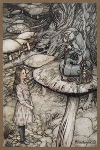 Alice che parla al Bruco seduto su un fungo che fuma una pipa da Arthur Rackham