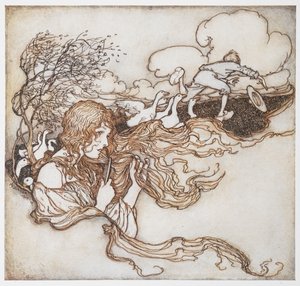 Illustrazione di una ragazza che si pettina con delle oche e un ragazzo sullo sfondo, da La ragazza delle oche da Arthur Rackham