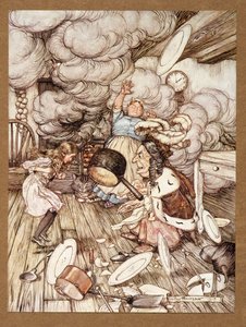 Una pentola insolitamente grande volò vicino e quasi la portò via, da Le avventure di Alice nel Paese delle Meraviglie, di Lewis Carroll, pub. 1907 da Arthur Rackham