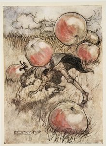 Mele che mi cadevano intorno alle orecchie, da I viaggi di Gulliver di Jonathan Swift da Arthur Rackham