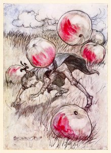 Le mele mi caddero intorno alle orecchie dalla Parte II: Un viaggio a Brobdingnag nei Viaggi di Gulliver di Jonathan Swift da Arthur Rackham