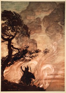 Mentre si allontana lentamente, Wotan si volta e guarda tristemente indietro a Brunnhilde, 1910 da Arthur Rackham