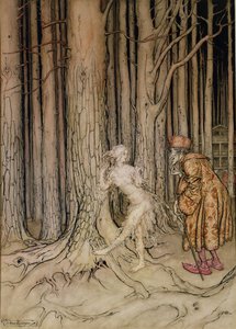 Alla fine incontrò lo sposo che stava lentamente tornando, illustrazione per Fitchers Bird, da Fratellino e Sorellina, dei Fratelli Grimm, 1917 da Arthur Rackham