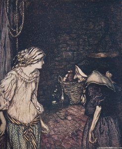 Alla fine raggiunse la cantina, e lì trovò una vecchia, vecchia donna con la testa tremante.., da Le fiabe dei fratelli Grimm da Arthur Rackham