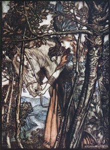 Brünnhilde conduce il suo cavallo per le briglie. Illustrazione per L