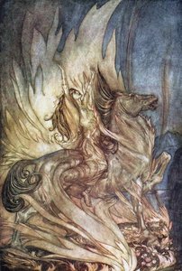 Brünnhilde su Grane salta sulla pira funebre di Sigfrido. Illustrazione per Sigfrido e Il Crepuscolo degli Dei da Arthur Rackham