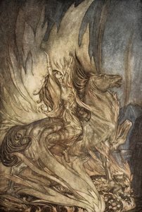 Brunilde su Grane salta sulla pira funeraria di Sigfrido, illustrazione da 