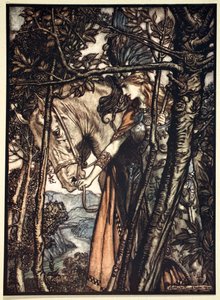 Brunnhilde conduce lentamente e silenziosamente il suo cavallo lungo il sentiero verso la caverna da Arthur Rackham