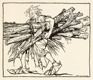 Carl che costruisce un riparo per la notte, da Il Carl del Cappotto Grigio in Fiabe irlandesi da Arthur Rackham
