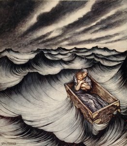 Danae abbracciava strettamente il suo bambino, illustrazione da 