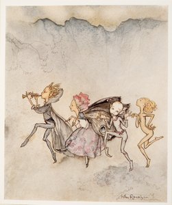 Ognuno, saltellando sulla punta dei piedi, sarà qui con scopa e smorfia, illustrazione da La Tempesta di William Shakespeare, pub. 1926