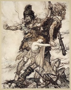 Fasolt afferra improvvisamente Freia e la trascina da un lato con Fafner, illustrazione da 