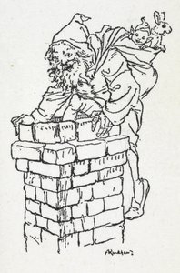 Babbo Natale che scende da un camino con un sacco di regali da Arthur Rackham