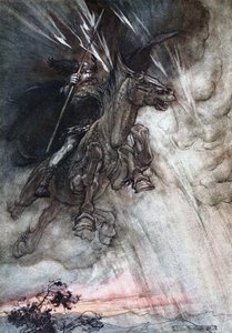 Furiosamente Wotan cavalca verso la roccia. Illustrazione per L