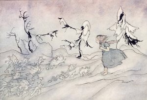 Gerda è terrorizzata dalla guardia avanzata della Regina delle Nevi, ma recita il Padre Nostro e viene salvata da piccoli angeli luminosi, illustrazione da La Regina delle Nevi di Hans Christian Andersen da Arthur Rackham