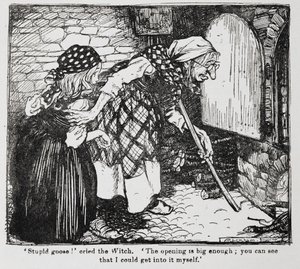 Grethel e la vecchia strega vicino al forno da Hansel e Grethel da Arthur Rackham