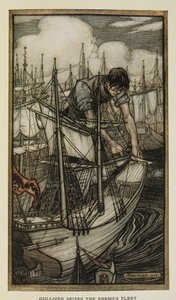 Gulliver cattura la flotta nemica, illustrazione da I viaggi di Gulliver di Jonathan Swift, di Arthur Rackham da Arthur Rackham