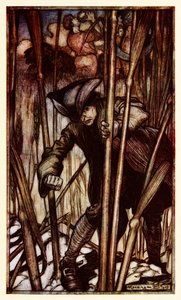 Gulliver è colto dalla paura alla vista dei mietitori brobdingnaghiani dalla Parte II: Un viaggio a Brobdingnag nei Viaggi di Gulliver di Jonathan Swift da Arthur Rackham