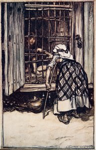Hansel mise fuori un osso di nocca, e la vecchia, i cui occhi erano deboli, non poteva vedere e pensava che fosse il suo dito, e fu molto sorpresa che non ingrassasse, da Le fiabe dei fratelli Grimm da Arthur Rackham