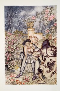 Sentì un forte rumore e vide venire verso di lui una bestia così spaventosa da farlo svenire dalla paura, da The Arthur Rackham Fairy Book, pub. 1933