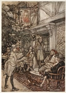 Si consolava frequentando una sorta di club perpetuo di saggi, filosofi e altre persone oziose, che teneva le sue sessioni davanti a una piccola locanda., da Rip Van Winkle di Washington Irving da Arthur Rackham
