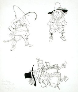 Era un vecchio signore robusto, con un volto segnato dal tempo; indossava un farsetto ricamato, una cintura larga e una spada, un cappello alto con piuma, calze rosse e scarpe con tacchi alti, illustrazione da 