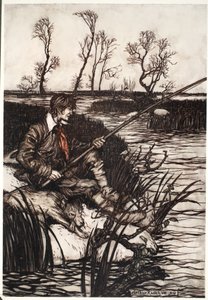 Si sedeva su una roccia bagnata e pescava tutto il giorno., da Rip Van Winkle di Washington Irving, pub. 1910 da Arthur Rackham