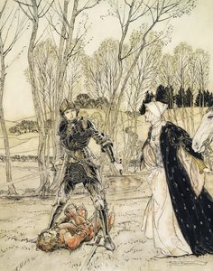 Come Beaumains sconfisse il Cavaliere Rosso, e sempre la damigella gli rivolse molte parole volgari da Arthur Rackham