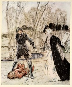 Come Beaumains sconfisse il Cavaliere Rosso e sempre la damigella gli rivolse molte parole scortesi, illustrazione da 