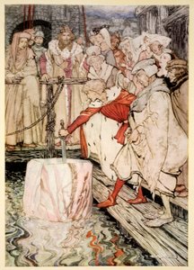 Come Galahad estrasse la spada dalla pietra galleggiante a Camelot, illustrazione da 