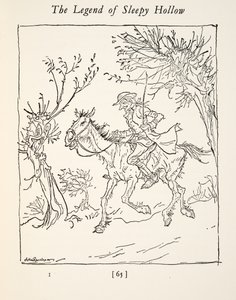Ichabod Crane che fugge dal cavaliere senza testa, da La leggenda di Sleepy Hollow di Washington Irving (1783 - 1859), pub. 1928