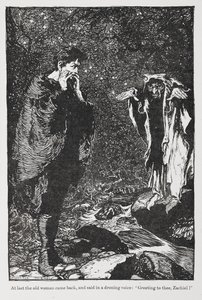Illustrazione da Jorinda e Joringel di Zachiel e la vecchia donna da Arthur Rackham